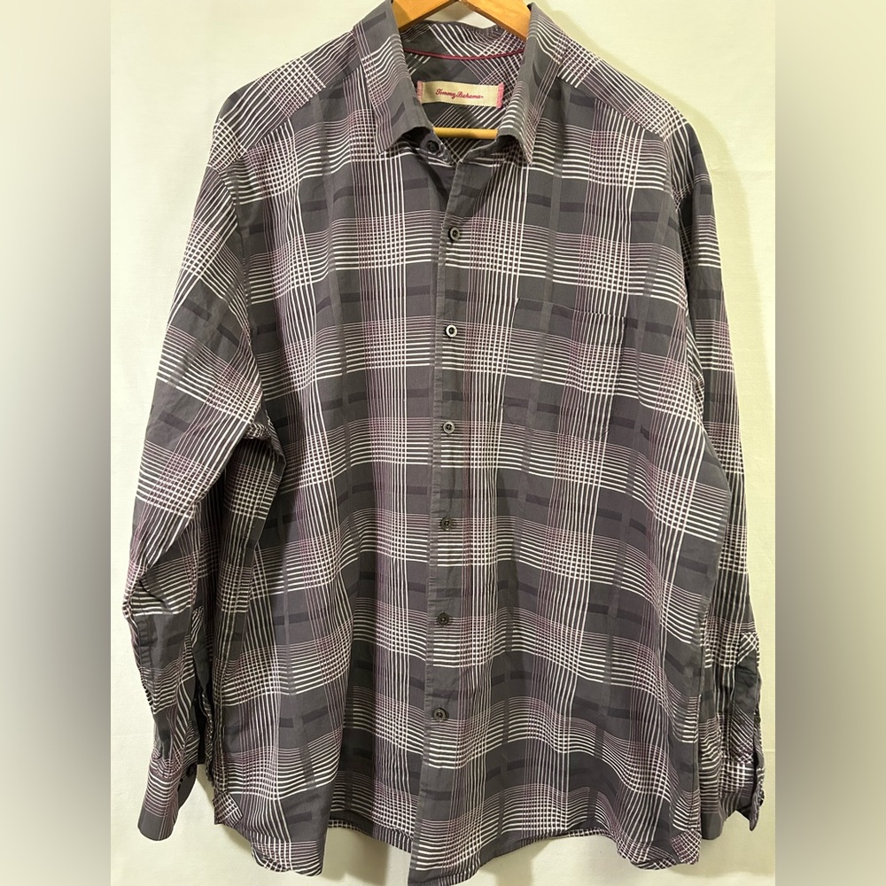 Tommy Bahama Gray & Purple Plaid Cotton/Silk Blend Shirt Size XXL